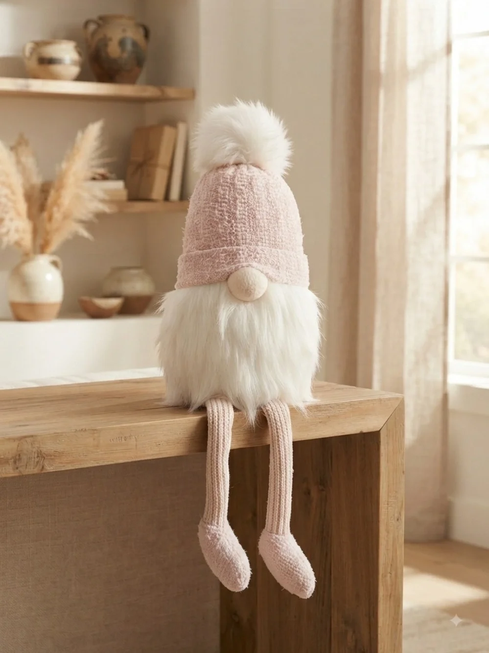 Pink Beanie Sitting Gnome Holiday Shelf Sitter Decor 27”